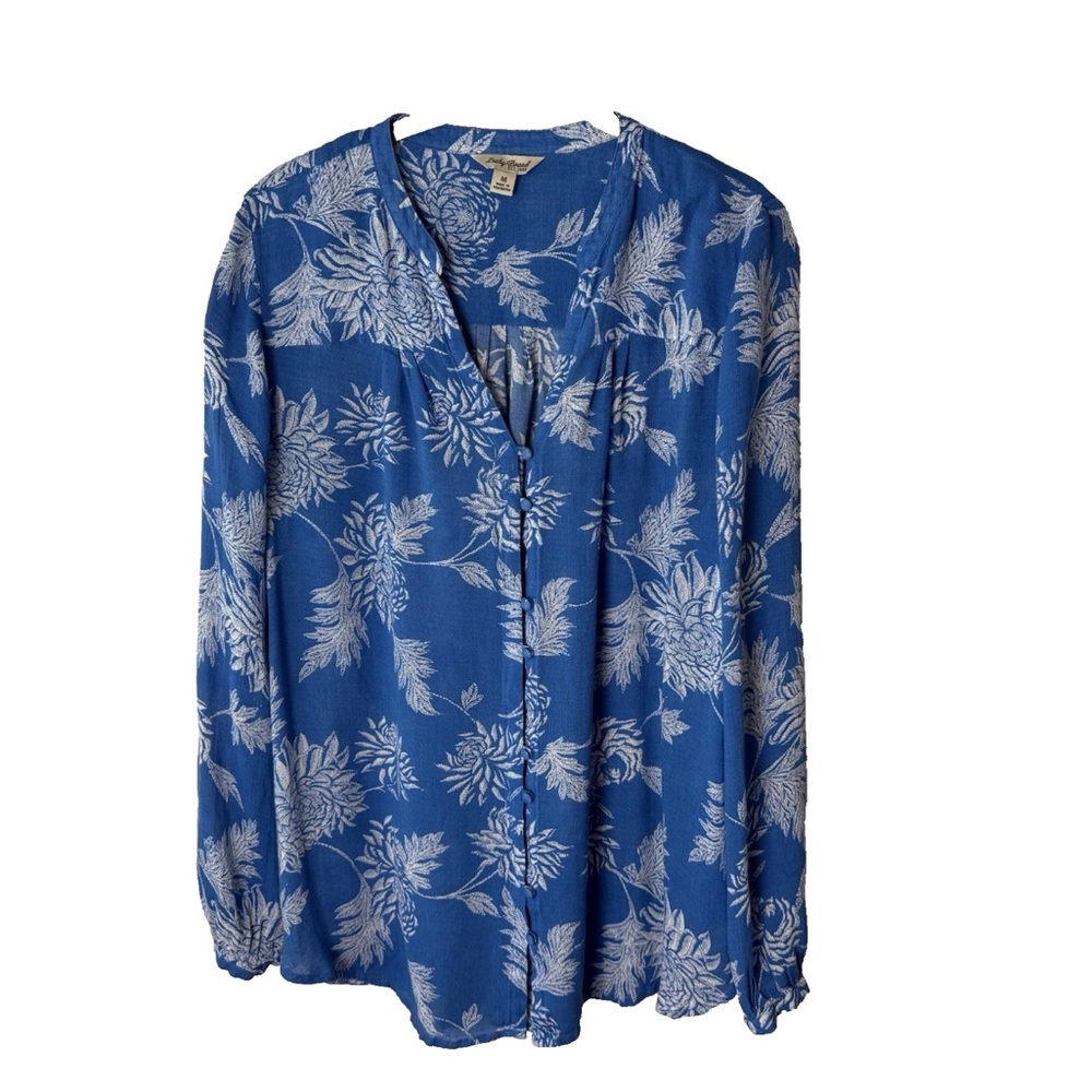 Lucky Brand Blouse Size Medium Top Long Sleeves Button Up Floral Blue White